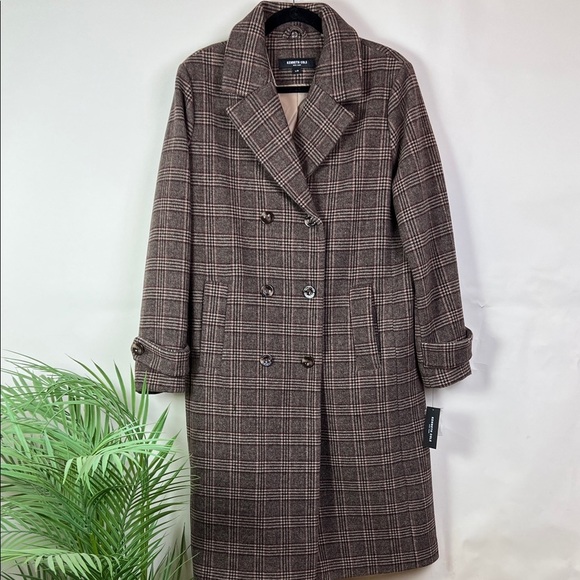 Kenneth Cole Jackets & Blazers - NWT Kenneth Cole Brown Checkered Pea Coat Plaid Double Breasted Wool Blend Large